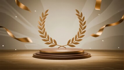 Golden laurel wreath on a pedestal with ribbon streamers and radiant background