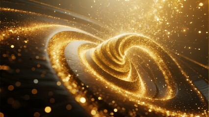 Golden swirling particles forming a dynamic spiral with glowing light effects in a cosmic-like background