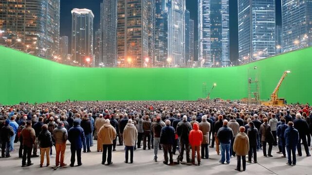 City of Spectators: A large crowd gathers, their attention focused towards an expansive green screen, hinting at the creation of a cinematic cityscape