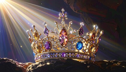 A radiant crown of gold, adorned with shimmering jewels, symbolizes power, wealth, and regality, evoking a sense of luxury and majesty.