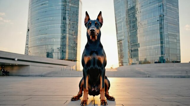 A doberman pinscher sitting in front of modern buildings on a sunny day in an urban environment dog video