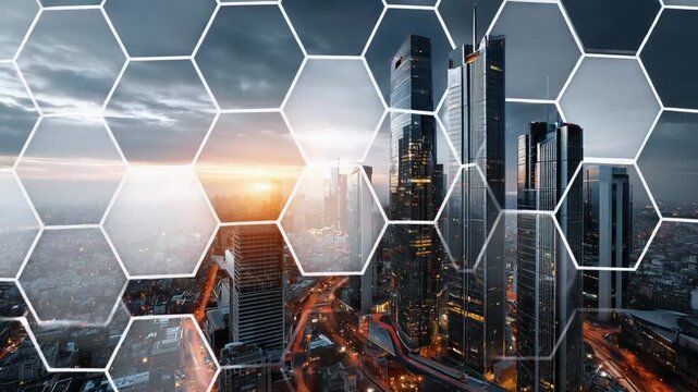 Urban Mosaic: A cityscape of skyscrapers and infrastructure is viewed through a honeycomb-shaped pattern, capturing the essence of a dynamic, modern metropolis.