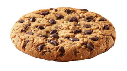 Round chocolate chip cookie, featuring golden brown texture and sweet chocolate chunks with nuts, on transparent background