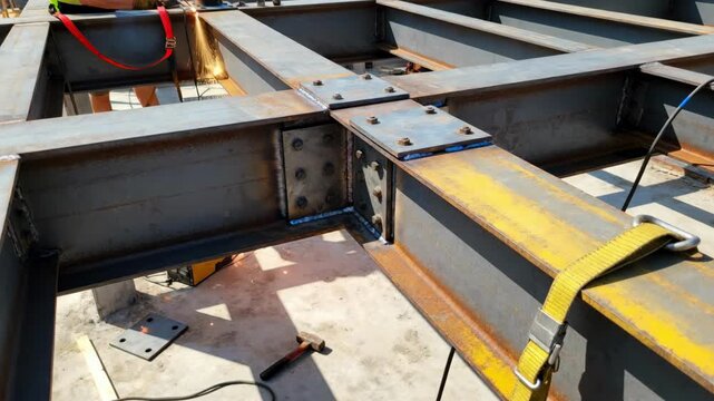 Medium shot of steel beams being reinforced with retrofitted plates in a construction site showcasing the upgrading of existing structures for enhanced stability.