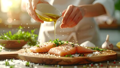 Chef Drizzling Olive Oil on Fresh Salmon Fillets for Healthy Cooking