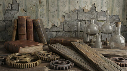Steampunk Still Life with Gears and Books.