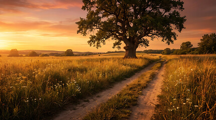 Golden sunset over rural landscape with dirt road.