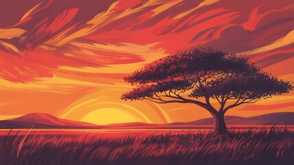 African Savanna Sunset with Acacia Tree and Fiery Sky sunrise sundown