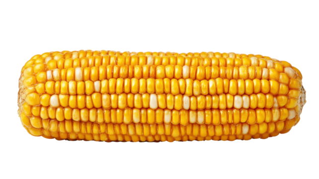 Fresh corn on the cob showing vibrant yellow kernels, healthy harvest staple for cooking and eating, transparent background