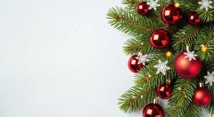 Christmas background with red baubles and fir branches on white snow. Festive holiday decoration flat lay with copy space. New Year greeting card border
