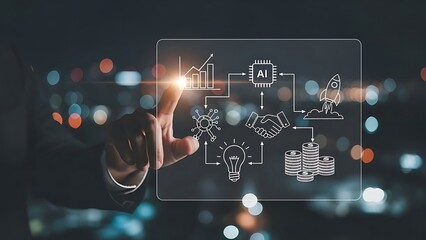 Hand interacts with digital interface displaying ai flowchart over blurred cityscape at night, symbolizing innovation and technological advancement.