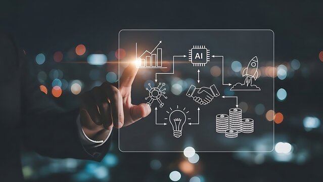 Hand interacts with digital interface displaying ai flowchart over blurred cityscape at night, symbolizing innovation and technological advancement.