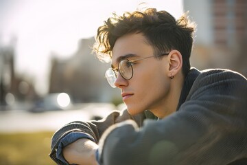Pensive young man wearing glasses gazes into the distance in soft sunlight
