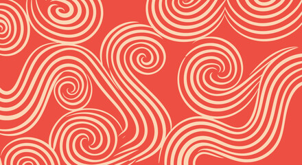 Cream spirals on a coral background create an abstract fluid pattern