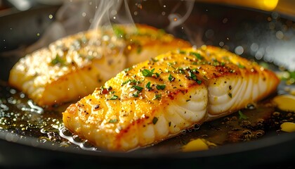 Delicious Grilled Salmon Fillets Sizzling in a Hot Pan with Fresh Herbs