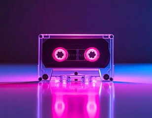 Retro cassette tape in neon lighting, vaporwave style, glowing reflections, nostalgic