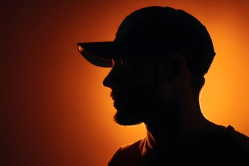 Silhouette of man wearing a baseball cap against orange background