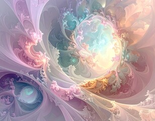Swirling pastel fractal with ethereal textures and glowing center
