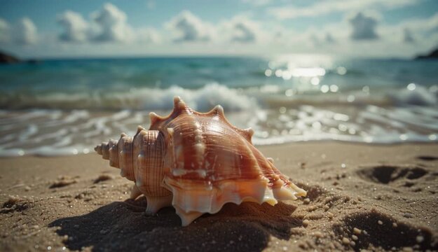 Close up of a conch shell on the beach with ocean waves and a blue sky with white clouds
