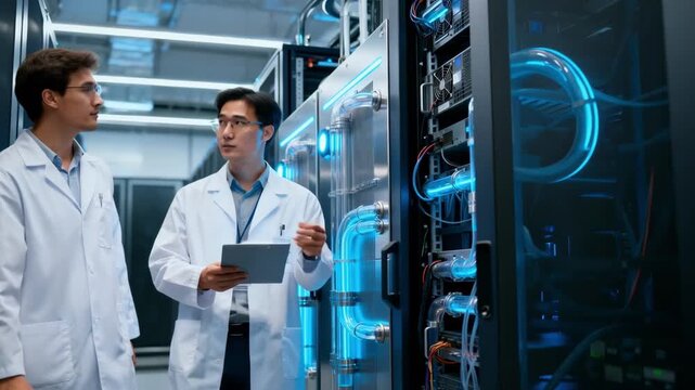Medium shot of engineers monitoring fluidic cooling panels in a modern data center showcasing hightech energyefficient liquid cooling technology.
