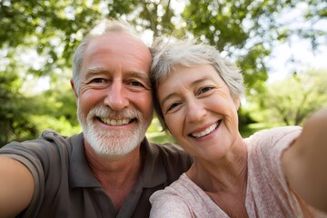 Cheerful elderly couple takes a selfie together in a sunny garden