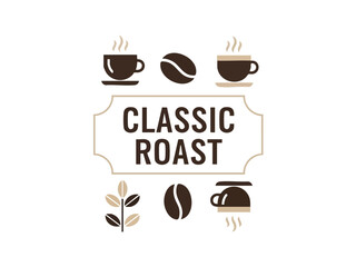 Classic Roast Coffee Logo with Beans and Steaming Cups