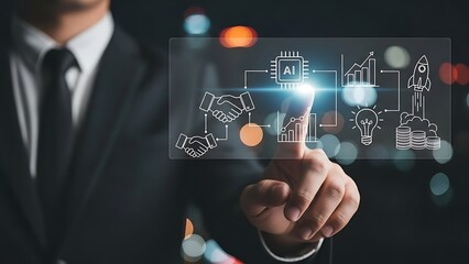 Businessman touches holographic screen displaying ai and business growth in modern office, showcasing innovation and technology.
