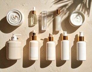 Top-down shot of neatly arranged skincare containers on a beige textured surface