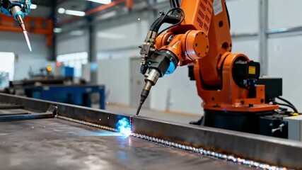 Medium shot capturing a stationary robotic welding arm fixed in place executing flawless welds with consistent highprecision for durable metal joint reinforcement