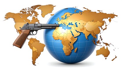 Symbolic image of a firearm pointed at a globe, overlaid on a world map