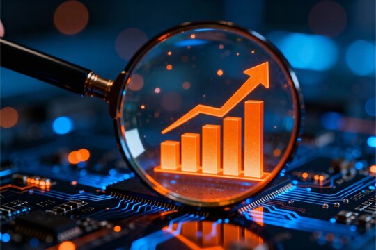 Business growth graph magnified to highlight financial analysis, profit rise, stock increase, investment trend, market performance progress and economic improvement using AI technology