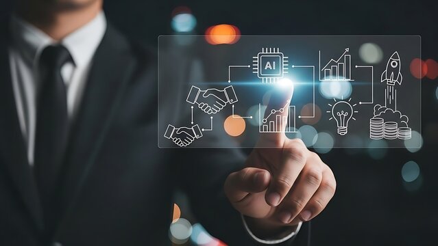 Businessman touches holographic screen displaying ai and business growth in modern office, showcasing innovation and technology.