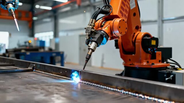 Medium shot capturing a stationary robotic welding arm fixed in place executing flawless welds with consistent highprecision for durable metal joint reinforcement