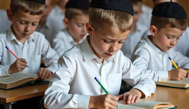 A group of young boys in white shirts and kippahs studying and writing in a classroom setting together