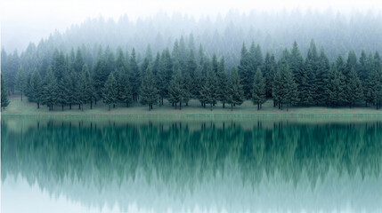 order. Calm lake mirroring a pine forest in symmetrical reflection under tranquil morning light. travel magazines, destination branding, designed for travel destination branding, used by hr managers.
