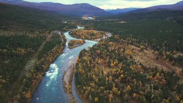 Jotunheimen National Park Aerial &ndash; Autumn Forest and Mountain River
