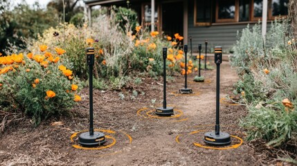 Medium shot of smart sensors detecting insects in a domestic garden showcasing AIdriven pest monitoring technology for efficient home protection.