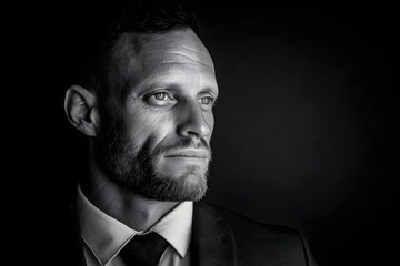 Obraz premium Intense monochrome portrait of a man in a suit looking to the side in contemplation