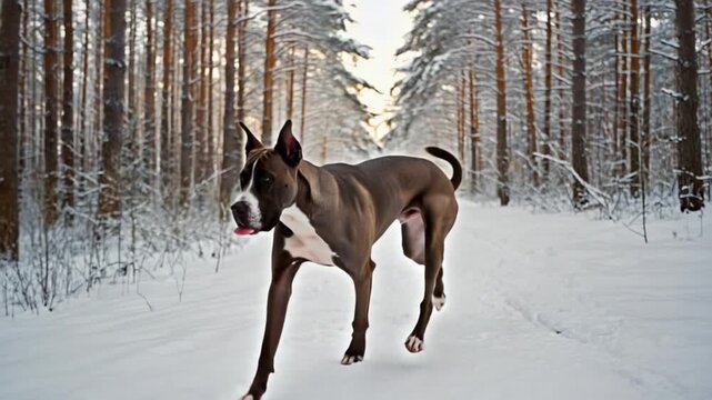 A great dane stands proudly in a snowy forest on a cold winter day with tall trees all around it dog video