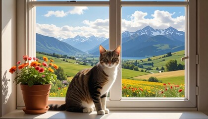 Tabby cat sits in window, overlooking a vibrant mountain valley scene