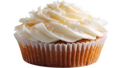 Vanilla cupcake with white buttercream frosting and sprinkles, a sweet pastry dessert on transparent background