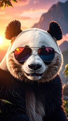 A panda bear wears sunglasses, reflecting a sunset landscape with mountains in the background.