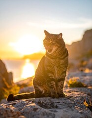 Tabby cat sits on rock with ocean and sunset background