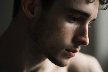 Thoughtful young man with dark curly hair looks down in contemplation