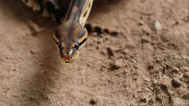 Close-up view of a patterned snake's head on sandy ground, looking directly forward with focused eyes.