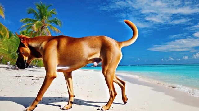 Great dane standing tall on a white sandy beach with palm trees and blue skies in the background dog video