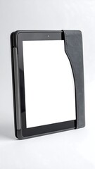 Tablet in case, white paper display, isolated on white backdrop