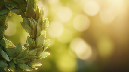 laurel. A wreath of laurel leaves in natural sunlight against a soft background. gardening catalogs, home-decor guides, designed for home decor and floral branding, used by videographers.