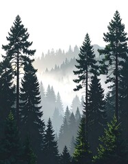 Tall evergreen trees frame a misty, layered mountain scene