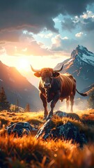 A majestic bull stands in a mountain meadow at sunset, with snow-capped peaks in the background.
